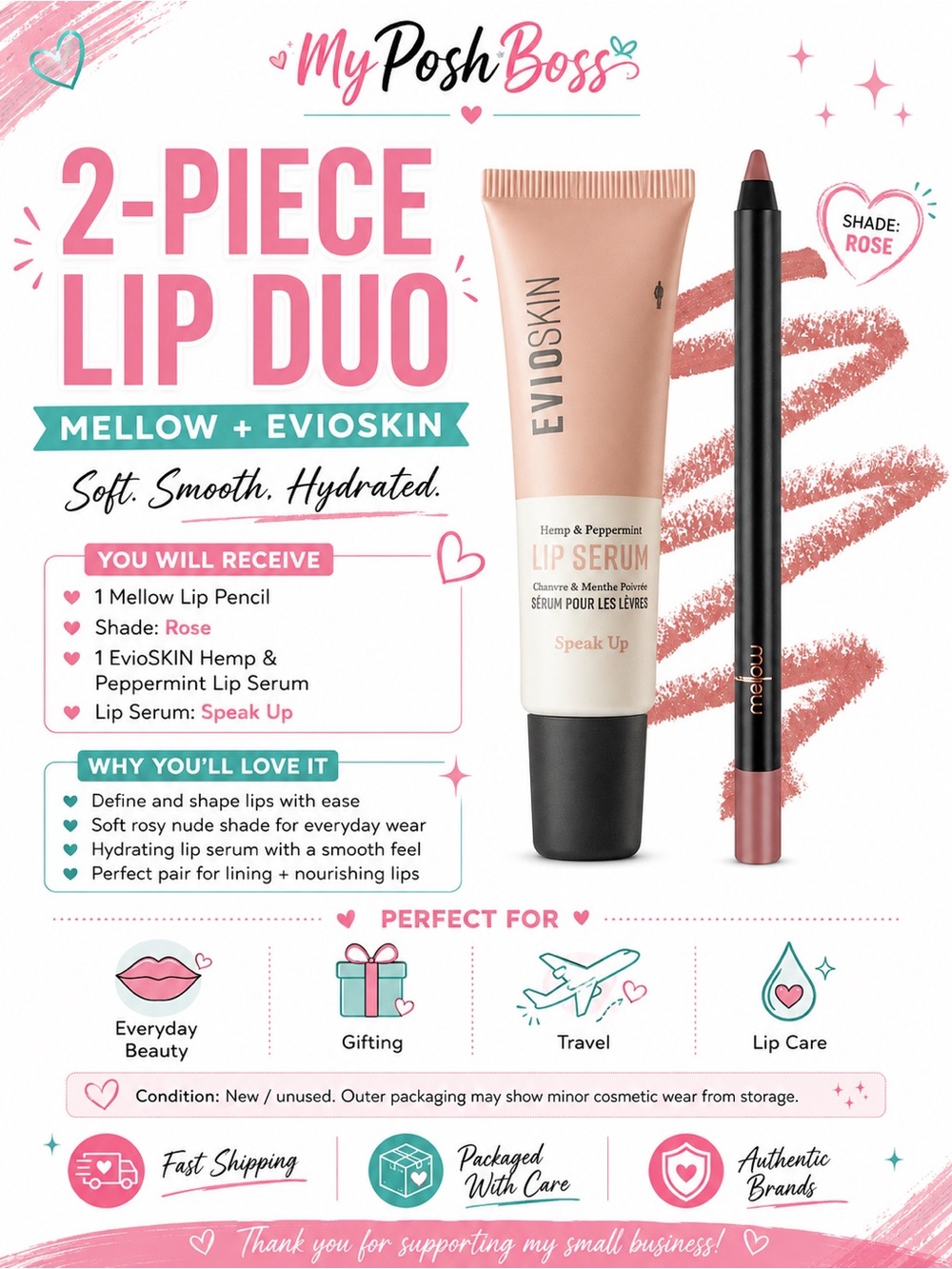 $10 SALE 💋 MyPoshBoss 2-Piece Lip Duo — EvioSkin Lip Serum & Mellow Lip Pencil i